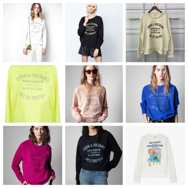 Zadig Voltaire Damen-Kapuzenpullover, Sweatshirts, 23AW ZV, klassischer Buchstaben-Stickerei, Raglanärmel, silberfarbener glänzender Rundhalspullover