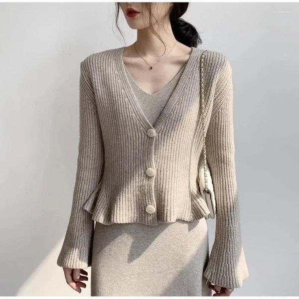 Malhas femininas manga larga de malha cardigan grande decote em v curto primavera e outono cintura temperamento pequena fragrância camisola jaqueta