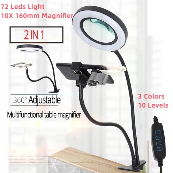 Lupas 10X Lupa com 72 LED Luz Ampliação Clipe de lâmpada na lupa iluminada Selfie Ring Light com suporte de telefone de metal 231128