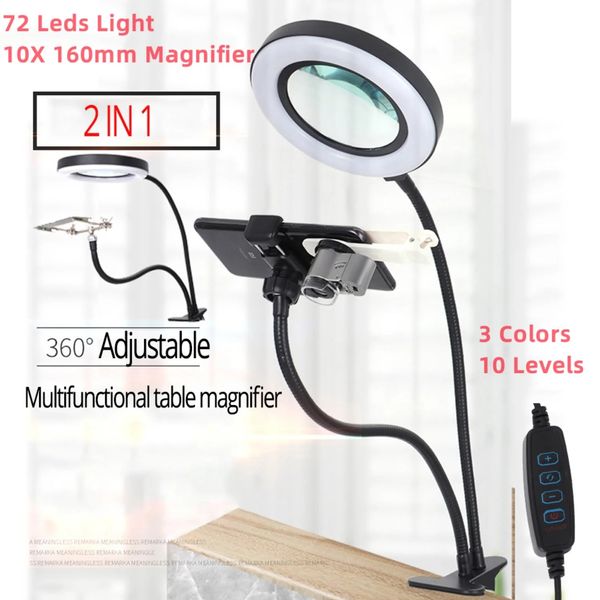 Lenti d'ingrandimento Lente d'ingrandimento 10X con 72 luci a LED Lampada d'ingrandimento Clip su lente d'ingrandimento illuminata Anello per selfie con supporto per telefono in metallo 231128