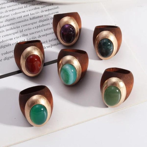 Кольца-кластеры, овальные натуральные камни, аметисты, зеленые, красные агаты, большой деревянный браслет, ювелирные изделия для женщин, модное трендовое кольцо