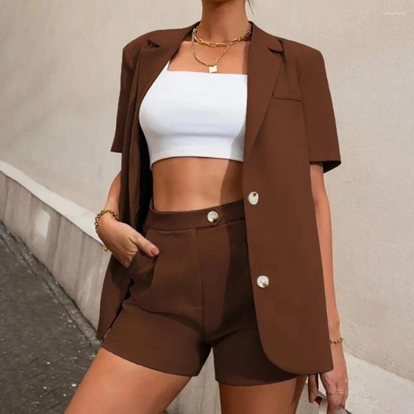 Mulheres Tracksuits Primavera Verão Moda Sólida Blazer Duas Peças Set Mulheres Botão Manga Curta Jaqueta Bolso Shorts Elegantes Senhoras de Negócios