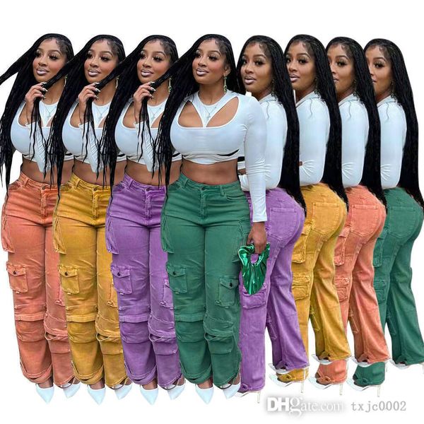 Einfarbig Neue Denim Arbeitskleidung Hosen Frauen Casual Multi Tasche Tasche Hosen Gerade Bein Jeans 4 Farben