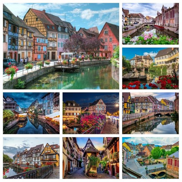 Stitch DIY 5D Little Veneza de Colmar France Cenário Pintura de diamante Alsácia Town Flor With Bridge Landscape Cross Stitch Room Decor