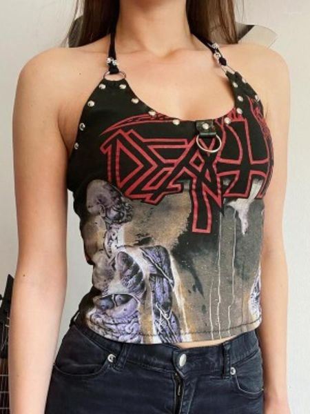 Damen Tanks Frauen Punk Sexy Y2k Neckholder Tops Grunge Unregelmäßiges Leibchen Gothic Skull Print Vintage Japanese Harajuku Crop Top Streetwear