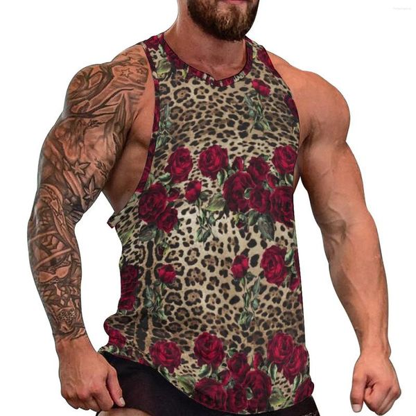 Regatas masculinas ouro leopardo topo rosas vermelhas impressão streetwear diário ginásio homem impresso sem mangas coletes plus size