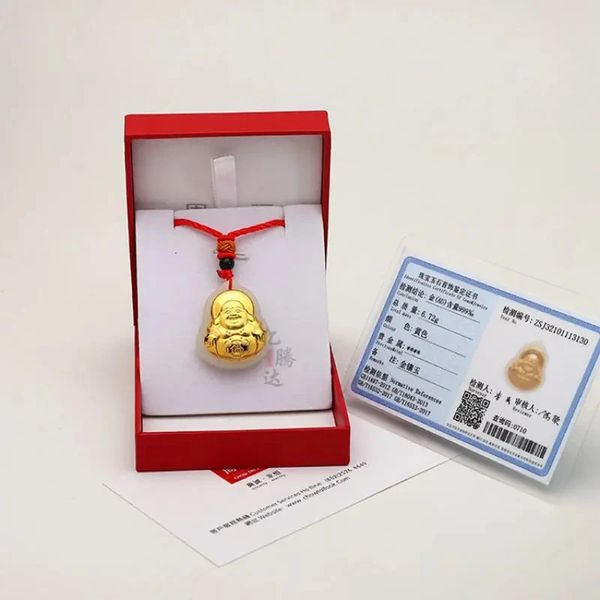 Girocolli di marca Certificato Reale 999 Solido Puro Oro Giallo 24K Buddha Ciondolo Collana di Giada Corda Naturale Catena per Uomini Donne Gioielli Regali 231129