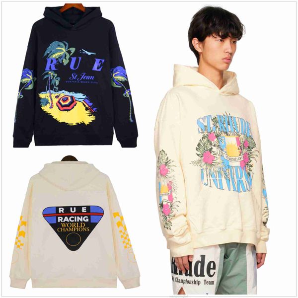 Wfw1 Heren Dames Sweatshirts Rhude Designer Vintage Literaire Patronen Gedrukt Drop Schouder Los Patroon Kokospalm Print Racing Badstof Truien