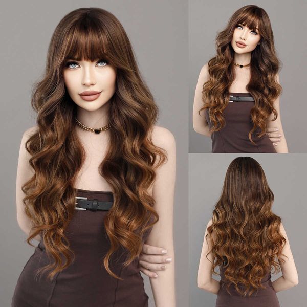 Perucas sintéticas peruca feminina conjunto de cabeça com franja reta longo cabelo encaracolado estilo coreano grande onda marrom ouro gradiente destaque perucas