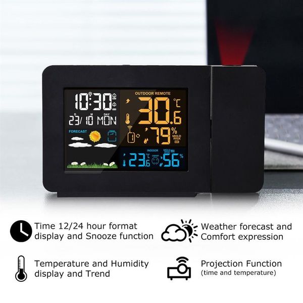 FanJu Estação de alarme digital LED Temperatura Umidade Previsão do tempo Snooze Relógio de mesa com projeção de tempo Y200407240S