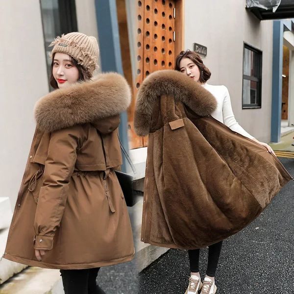 Mulheres para baixo parkas casaco de inverno baixo preço à venda feminino bege adicionar lã grosso calor pele com capuz jaqueta moda cinto fino algodão 231129