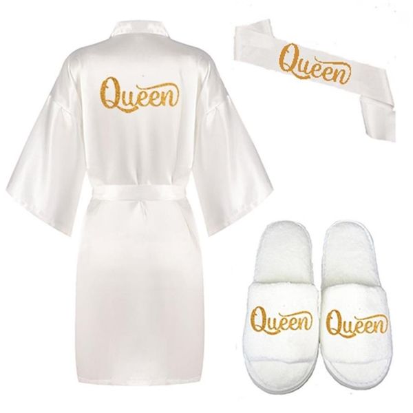 3-teiliges Set mit glitzerndem Gold-Königin-Gewand, Braut-Satin-Gewand für Damen, weißer Kimono-Pyjama, Brautparty-Kimono, Hochzeit, Königin-Braut-Gewänder 210831244a