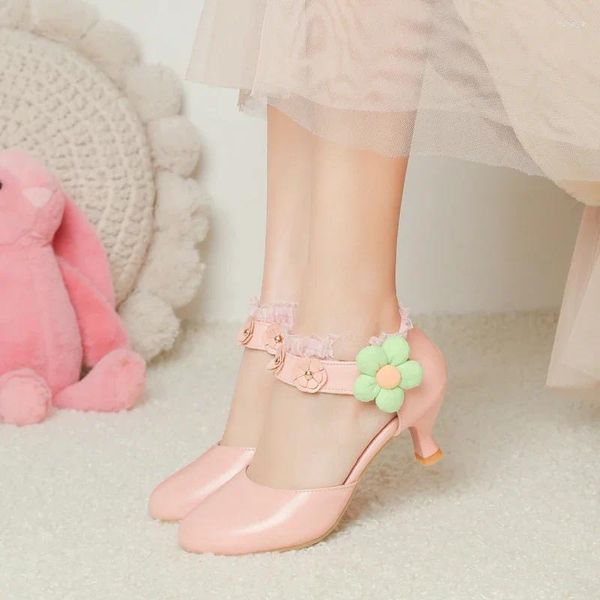 Sandálias Navio Livre Doce Lolita Estilo Cinto Flor Princesa 5cm Alto Salto Parte Sapatos para Mulheres Branco Bege Rosa 2024 Verão