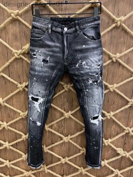 Herenjeans Geperforeerd Elastisch Wassen Kleine Voeten Strak Zwart Grijs 383 Jeans Heren- en Damesbroek maat Jeans 44--54 L231129