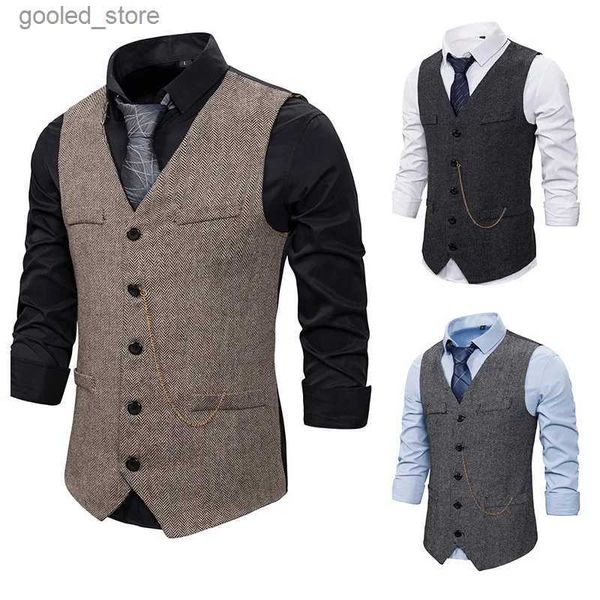 Coletes masculinos Lã Tweed Slim Fit Lazer Colete de Algodão Cavalheiro Herringbone Business Brown Colete para Noivo de Casamento Q231129