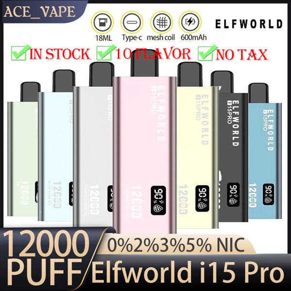 Elf World I15 Pro 12000 Puffs Cigarro Eletrônico Vape Pen descartáveis elfworld 18ml com 600mAh Puff 12k Bateria recarregável Tipo C Bobina de malha