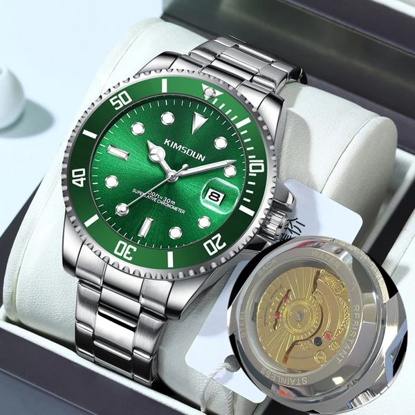 Orologi da polso Orologio meccanico classico verde da uomo Alimentato a batteria Lunetta girevole di lusso Quadrante luminoso Orologi con cinturino in acciaio inossidabile KIMSDUN 231128