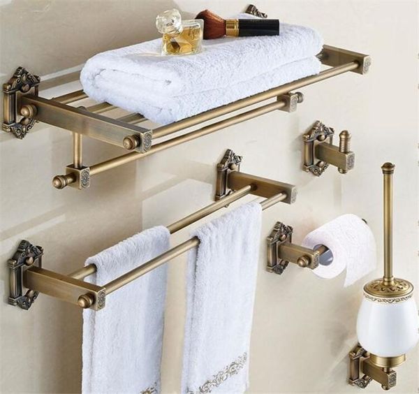 Set di accessori da bagno Accessori da bagno in ottone massiccio Bronzo antico Montaggio a parete Portasciugamani intagliato Porta scopino Hardware Europ2917864