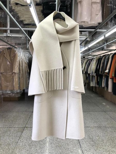 Lã feminina elegante grande cachecol gola chifre botões casaco feminino solto moda coreana longo jaqueta de inverno