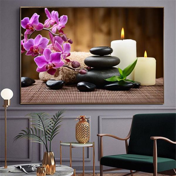 Arte de pared moderno, piedras de Spa, pintura en lienzo Zen, velas, póster de flores de orquídeas, imágenes de pared para decoración del baño, decoración del hogar, Cuadros206m