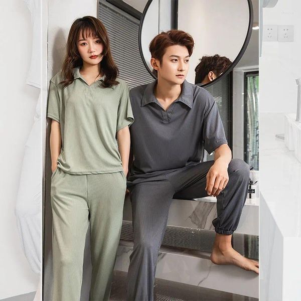 Homens sleepwear 2023 coreano gelo seda casal pijamas define verão lapela fina manga curta calças compridas conjunto casual solto casa roupas