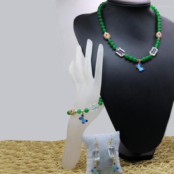 Серьги ожерелья устанавливают 8 мм натуральный камень зеленый халцедоний Джейд Круглые бусинки Стуковые браслеты Женщины Элегантные украшения 18 