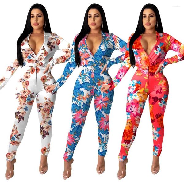 Calças femininas de duas peças Adogirl Mulheres Floral Imprimir Peças Set Sexy Profundo V-Pescoço Blusas Lápis Ternos Fatos Outono Casual