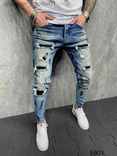 Jeans da uomo Jeans skinny blu per uomo Pantaloni in denim con patch al ginocchio pieghettati strappati slim fit stretch dipinti Pantaloni casual di marca L231129