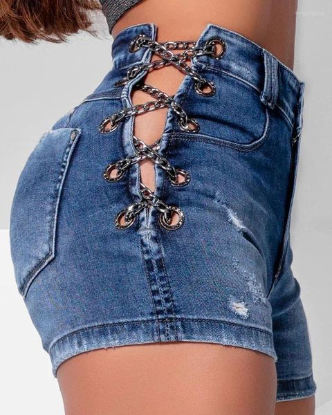 Jeans da donna Pantaloncini di jeans strappati con lacci a catena con occhielli a vita alta sexy da donna