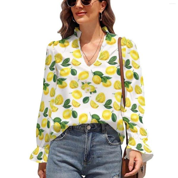 Damenblusen Gelber Zitronendruck Chiffonbluse V-Ausschnitt Aquarell Fruchtmuster Büroarbeit Frühling Puffärmel Streetwear Shirt Top