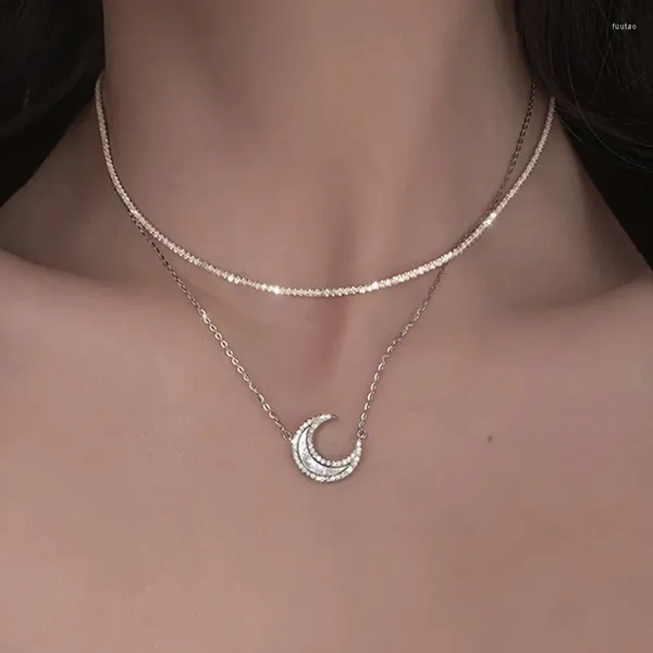 Anhänger Halsketten Mode Silber Farbe Funkelnde Schlüsselbein Kette Choker Halskette Kragen Für Frauen Glänzend Zirkon Mond EKG Party Schmuck