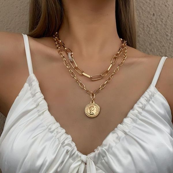 Anhänger Halsketten Flashbuy Vintage Doppelschicht Kette Gold Farbe Halskette Für Frauen Strass Metall Porträt Münze Zubehör