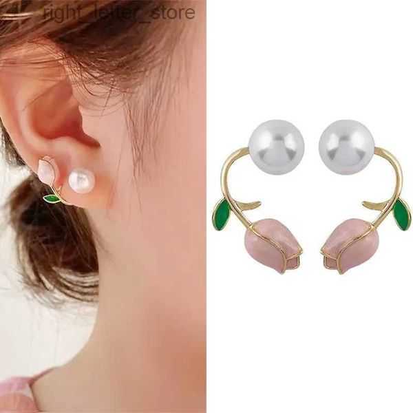 Stud Huitan Rosa Rose Simulierte Perlenohrringe für Frauen Piercing Neu Exquisite Weibliche Blumenohrringe Ausgefallenes Geschenk Modeschmuck YQ231128