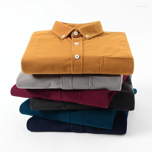 Herren-Freizeithemden, langärmelig, Cord-Polyester-Hemd, normale Passform, Business-Kleid, bequeme Taschen