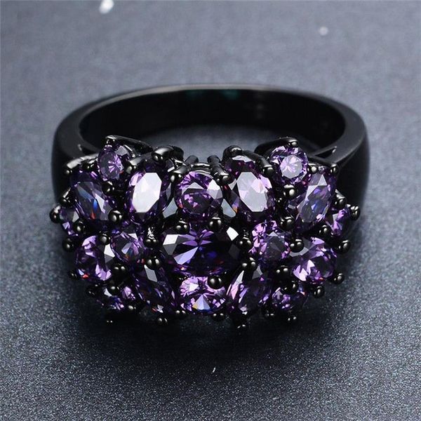 Pequeno oval roxo cristal zircão estrela flor anéis para mulheres vintage preto ouro multicolorido pedra anel feminino casamento jóias313l