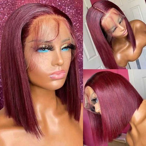 Perucas sintéticas frente laço bob peruca feminina cabelo curto bobo vinho vermelho laço bob peruca conjunto