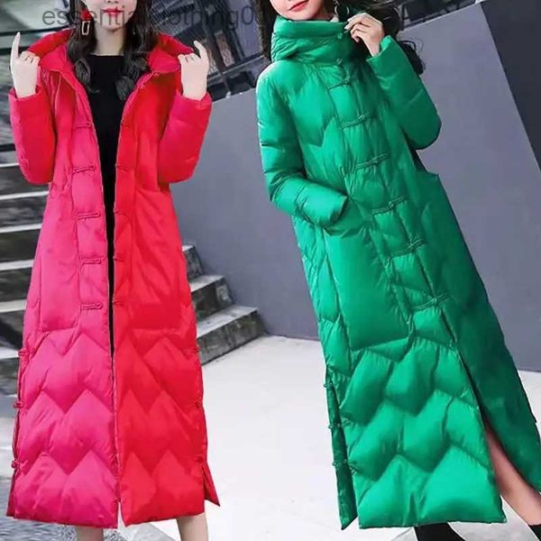 Mulheres para baixo parkas vermelho para baixo jaqueta feminina inverno novo longo vintage botão fino casaco quente l231129