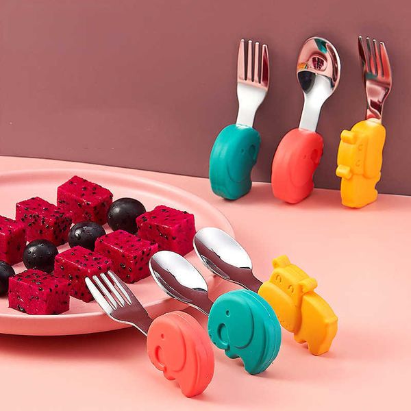 Copos pratos utensils de desenho animado elefante alimentação de bebê talheres de alimentação Aprenda a comer colher de treinamento Silicone de aço inoxidável Manunhão curto garfo de mesa de mesa P230314