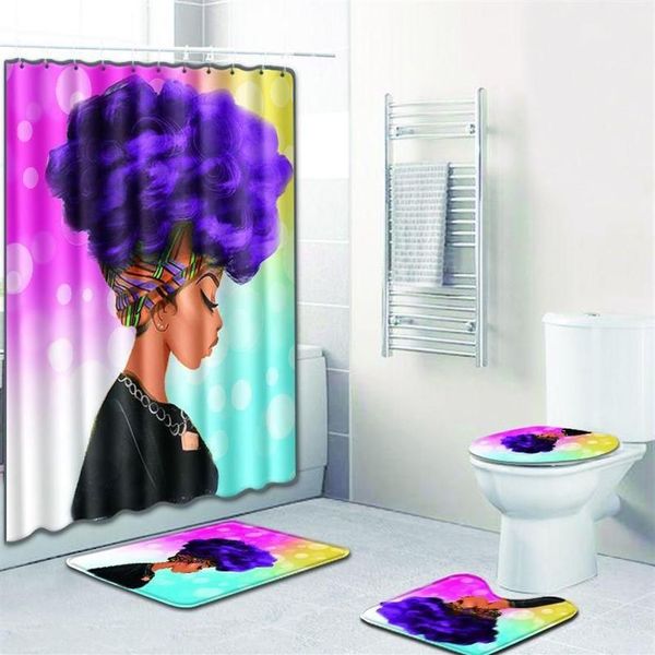 4 pçs menina africana cortina de chuveiro tapete de banho conjunto de almofada de toalete padrão de personagem anti-deslizamento tapete de flanela banho mat290g