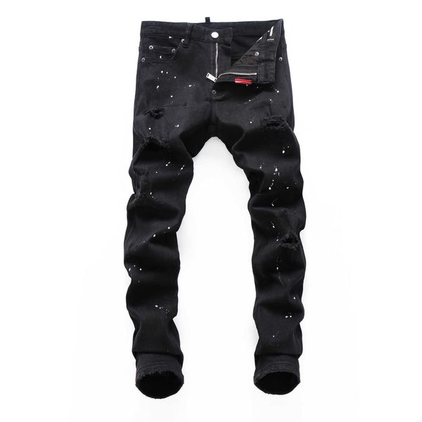 Outono / Inverno Buraco Quebrando Elástico Lavado Patch Skinny Nightclub Moda Preto D2 Jeans Calças Masculinas