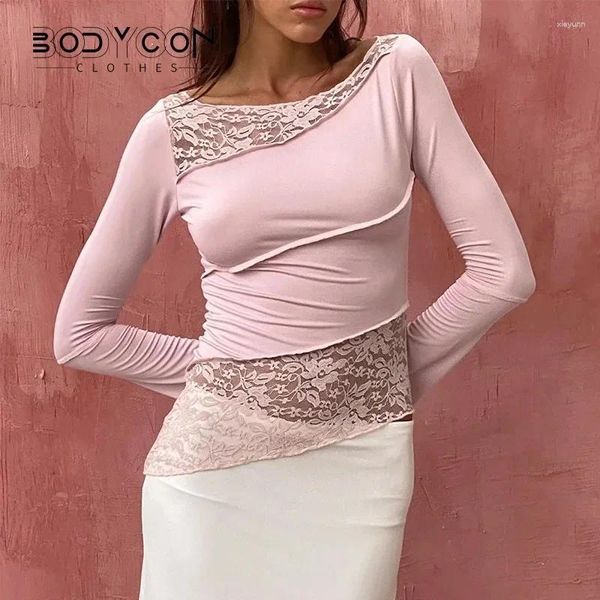 Mulheres camisetas Bodycon Lace Assimétrico Patchwork Crop Top Mulheres Crew T-shirt Manga Pétala Sheer Versátil Slim Tee Tie Outfit Streetwear