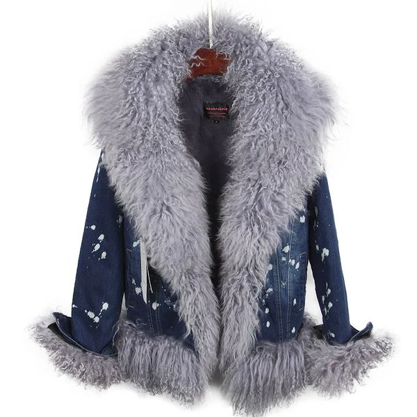 Pele feminina faux lã natural forrada com luxuosa gola de pele denim casaco inverno casual quente moda jaqueta curta 231128
