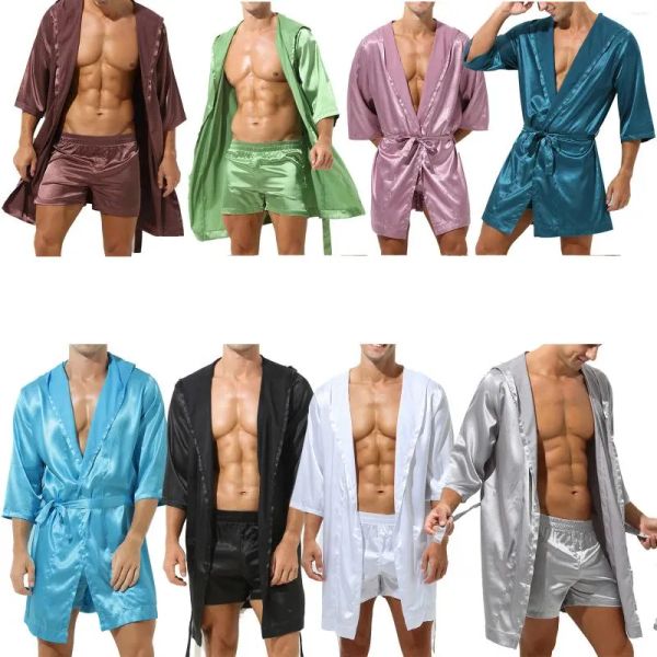 Herren-Nachtwäsche, sexy Herren-Set, einfarbig, halbe Ärmel, Kapuze, vorne offen, Gürtel, Bademantel mit Shorts zum Schlafen, Nachtwäsche, Loungewear BJ