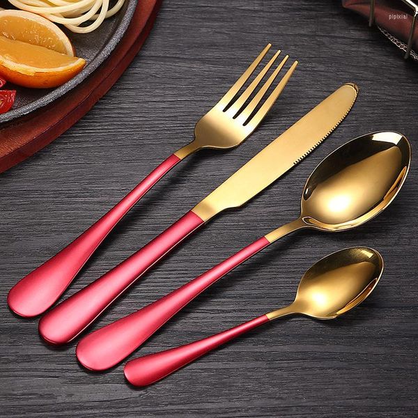 Conjuntos de utensílios de jantar 4pcs Red Gão de talheres pintados de ouro