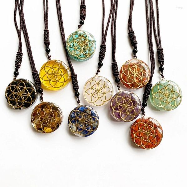 Collane con ciondolo Chakra Chip di cristallo Pietre in resina Rotonda Fiore della vita Collana di orgonite Corda regolabile Catena Dropship 1pz