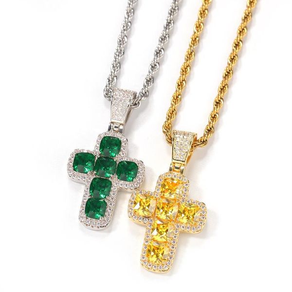 Mens Hip Hop Croce CZ Pietra Bling Iced Out Collana con ciondolo Gioielli Oro Slver Verde Diamante Collane con dichiarazione Gift352u