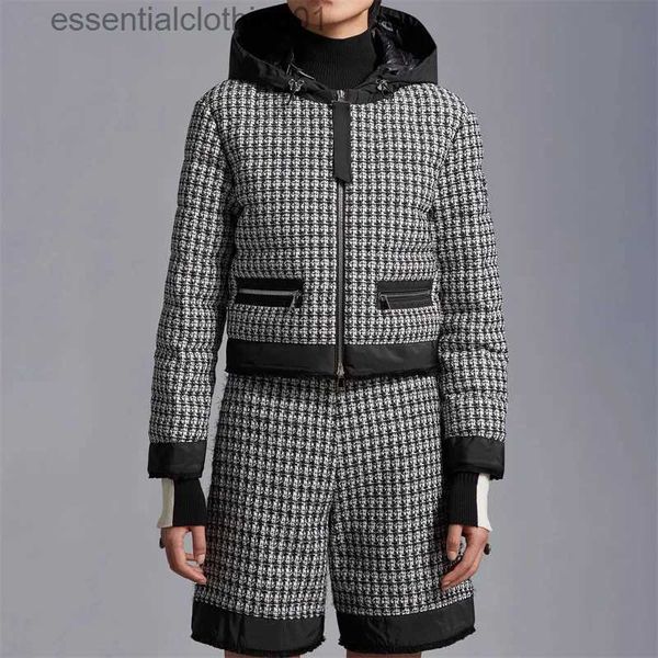 Piumino da donna Parka Piumino invernale da donna 2023 Nuova moda coreana Thousand Bird Checker Splicing Felpa con cappuccio piumini Cappotto caldo spesso di alta qualità L231129