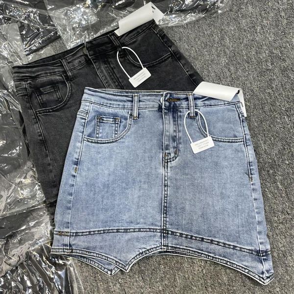 Saias de saia de jeans de bainha irregular para o verão feminino curto curto azul mini cintura alta jeans