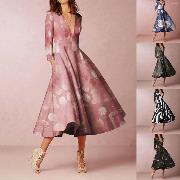 Lässige Kleider Sexy Tiefer V-Ausschnitt Langarm Für Frauen Robe Frühling Blumendruck Party Swing A-Linie Kleid Elegant Büro Formal