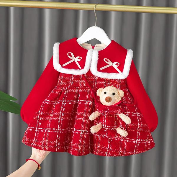 Vestidos da menina meninas vestido 2023 xadrez de pelúcia para crianças outono inverno crianças princesa traje festa de natal roupas da menina do bebê 231128